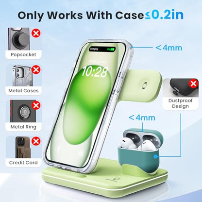 WAITIEE Wireless Charger 3 in 1, 15W Fast Charging Station for Apple Watch 9/8/Ultra 2/Ultra/SE/7/6/5/4/3/2, for AirPods 3/2/1/Pro/Pro 2, for iPhone 15/14/13 /Plus/Pro/Pro Max/12/11/X/Xr/XS/8 (Green) - color: Mint Green