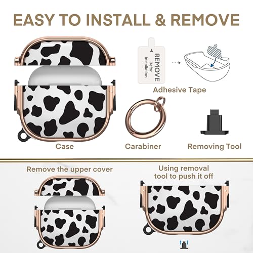 for AirPods 4 Case with Safety Lock, Magsafe Compatible, Cow Print | Double Secure Lock,Drop Protection,Two-Piece Design,with Gold Keychain, Anti Lost, Dustproof, Cute AirPod 4 Case - color: Cow + Gold, size: AirPods 4 Case