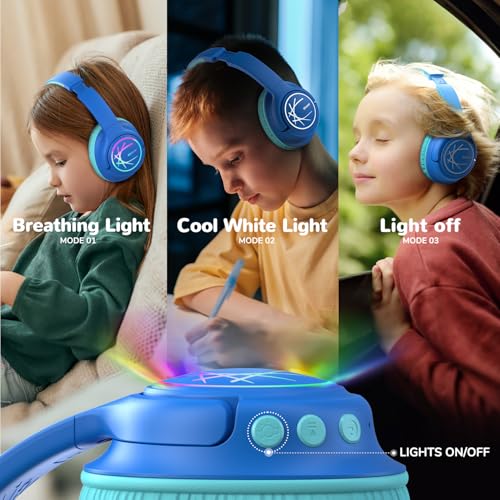 iClever BTH18 Kids Bluetooth Headphones LED Lights for Toddler Boys Girls | SafeSound Tech, 43H Playtime Stereo Sound, USB C Charging AUX Cable, Over Ear Kids Headphones Wireless for iPad/Tablet/Travel - color: B-Blue