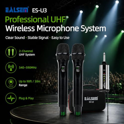 U3 UHF Dual Channel Wireless Microphone System for Karaoke, Church, Stage and PA Speaker, 2 Handheld Mics with 6.35mm Plug-in Rechargeable Receiver, 30m Range