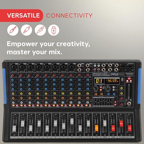 Pyle 12-Channel Console Style Audio Mixer with Bluetooth - DJ Sound Controller, 8 XLR / Combo Inputs, Sub Out, +48V Phantom, USB-A In, 16 DSP Effects, MP3 Player, 7-Band EQ - PMXU128BT - style: 12 Channel Pro