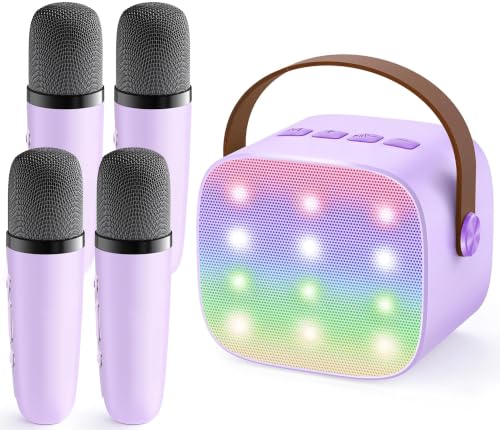 YLL Mini Karaoke Machine with 4 Wireless Microphones, Gifts for Kids | Portable Magic Voice Bluetooth Speaker, Birthday Gifts for Girls Boys Ages 3, 4, 5, 6, 7, 8, 9, 10, 12+ Year Old Family Party - color: Purple-4 Mics