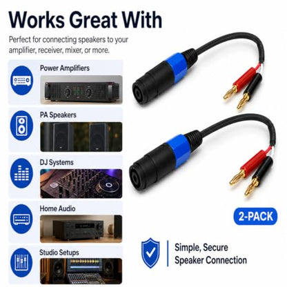 Banana Plug to Speakon Cable 8 Inch 2-Pack, 12AWG 30A Gold-Plated NL4FX Twist-Lock, Short Amp Rack Speaker Wire for QSC Crown JBL Yamaha DJ PA System