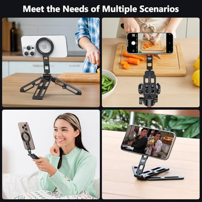 VRIG MG-21 Magnetic Phone Tripod Stand for iPhone, Aluminum Alloy Mini Foldable Tripod for Desk/Handheld, Cold Shoe Expansion Mount, Compatible with 1/4 Screw & Arca-Swiss Plates - size: MG-21 Tripod
