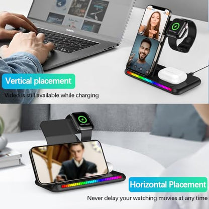 IHAO 3in1 Multifunctional Foldable Wireless Charging Station with LED Ambient Night Light Fast QC3.0 Charger for Phone, iWatch, Headphone Space-Saving Auto-Shutoff & Overcharge Protection-Black - color: 3in1 Wireless Charger K88 Black