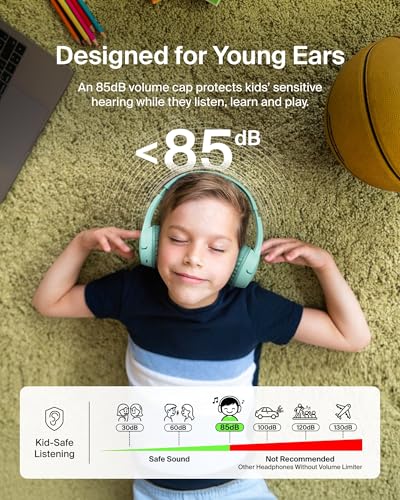 Belkin SoundForm Mini Bluetooth Kids Headphones with Case, 30H Battery Life | Toddler headphones, carrying case included, 85dB volume limiter, built-in mic, iPad, Android tablet, school - color: Mint, style: Wireless (USB-C) + Case