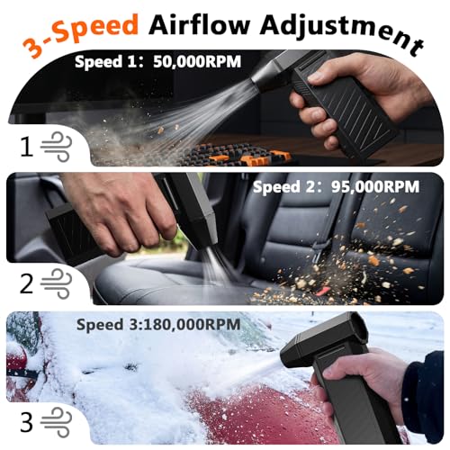 Preciva 2-in-1 Compressed Air Duster, 180,000 RPM High-Speed Turbo Electric Duster & Vacuum with 3-Second Deep Cleaning, Rechargeable Battery, 6 Attachments and LED Light for Keyboard, PC, Car, Home
