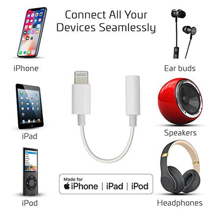 Headphone Adapter MFi Certified Lightning to 3.5 mm Audio Connector Compatible with iPhone 14 13 12 11 Pro XR XS Max X 8 7 (White)