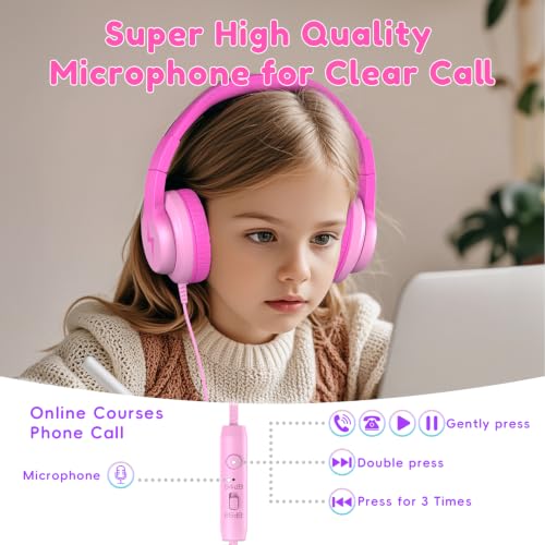 Candy Bila Wired Kids Headphones for School, Over-Ear for Boys Girls | Volume Limiter 85/94dB, HD Stereo Sound, Microphone and Wired Control, Foldable Design, Gradient Deep Pink - color: Gradient Deep Pink