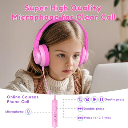 Candy Bila Wired Kids Headphones for School, Over-Ear for Boys Girls | Volume Limiter 85/94dB, HD Stereo Sound, Microphone and Wired Control, Foldable Design, Gradient Deep Pink - color: Gradient Deep Pink