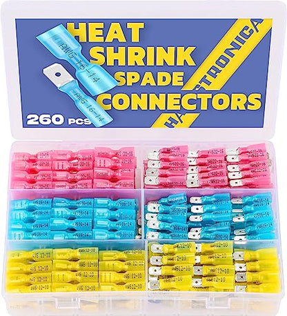 haisstronica 260PCS Heat Shrink Spade Connectors, 22-10 AWG, Male/Female | Quick Disconnect Wire Connectors for Automotive, Watercraft & Electronics, 3:1 Adhesive-Lined Crimp Terminals - size: AWG 22-10, style: Male&Female Kit 260PCS