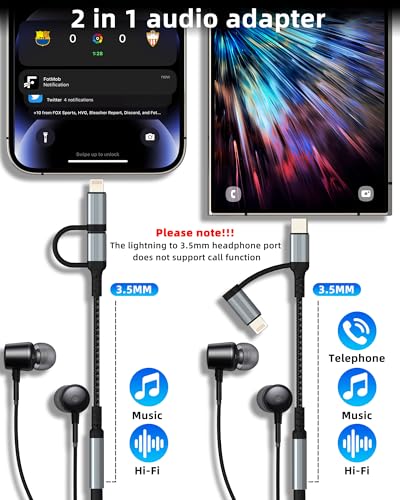 USB C Lightning to 3.5mm Audio Adapter(2in1) for iPhone 16 15 14 13 Pro Max AUX Headphone Jack Cable for Apple Dongle Car Microphone Female Connector Compatible for Samsung Adaptor Headset Adaptador