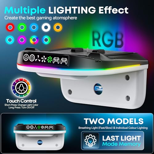 P S5 Wall Mount Kit with Cooling Fan and Charging Station Compatible with PS5/ Slim/ Pro Disc and Digital, PS Five Floating Shelf with 9 RGB Lights, PS 5 Mount Behind TV, P5 Accessories for Gaming, Black and White - color: Black and White