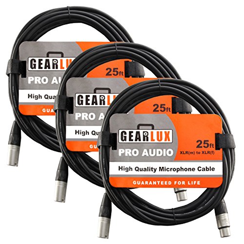 Gearlux XLR Microphone Cable, Fully Balanced, Male to Female, 25 Feet - 3 Pack - size: 25 Ft, style: 3 Pack
