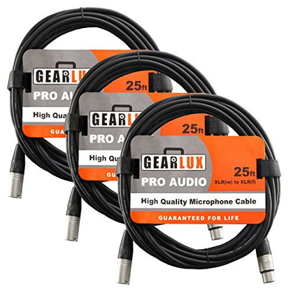 Gearlux XLR Microphone Cable, Fully Balanced, Male to Female, 25 Feet - 3 Pack - size: 25 Ft, style: 3 Pack