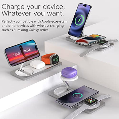 3 in 1 Wireless Charging Station for Apple Devices with MagSafe | For iPhone 17/Air/16/15/14/13/12, AirPods & Apple Watch, Foldable Portable Aluminum Charging Stand, Adapter Included - color: Silver