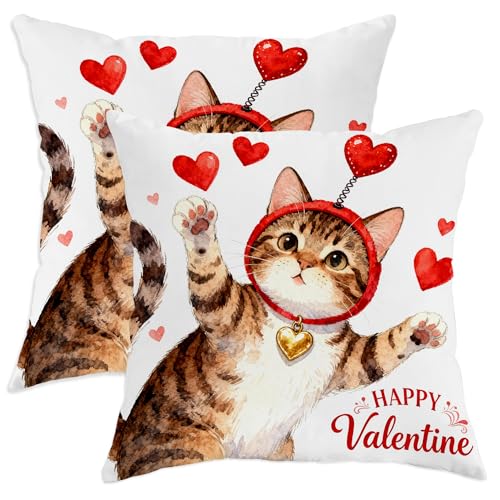 Cat Throw Pillow Covers Set of 2, Playful Fanciful Hearts Red Headband Valentine Red Soft Velvet Washable Cover Decorative Pillows for Living Room Apartment Bed Sofa Decor 28x28 Inch - size: 28" x 28" (Pack of 2)