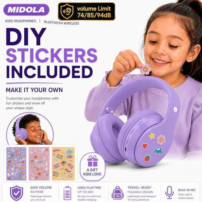 Kids Bluetooth Headphones Wireless 68 Hours,Safe Volume Limit 85/94dB | Adjustable Headband Foldable Over-Ear Lightweight for Toddler Girls Boys Tablet/iPad,HD Stereo,Built-in Mic,Light Purple - color: Light Purple