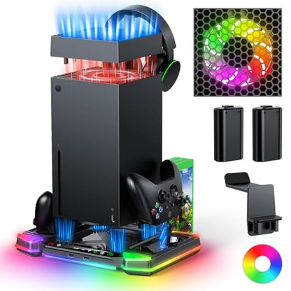 Top Auto Cooling Fan & Controller Charge Stand for Xbox Series X Console | Accessories Wireless Charger Dock with 11 Light Modes, 2*1400mAh Rechargeable Batteries, Headset Stand & Game Disc Storage