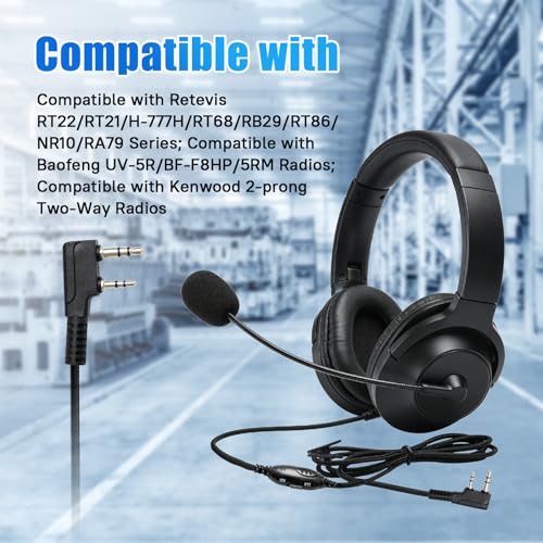 Overhead Walkie Talkie Headset with Boom Mic Noise Reduction 2 Pin Ear Piece Over-the-Ear Noise Cancelling Two Way Radio Over Ear Earmuffs Ear Muffs for Kenwood Retivis Baofeng