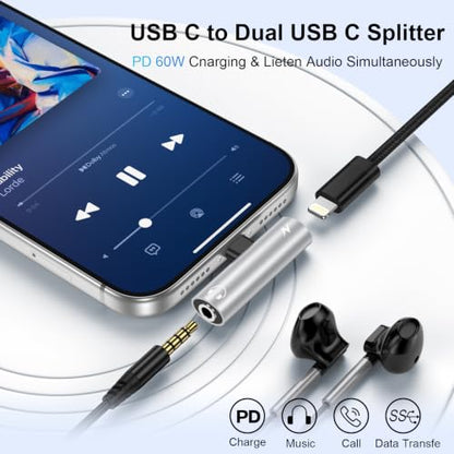 [Apple MFi Certified] iPhone Aux Adapter and Charger Lightning to 3.5mm | 2-in-1 Headphone Jack Adapter + Fast Charger Splitter Car Audio iPhone Dongle for Apple 14 13 12 11 Pro XR XS Max X 8 7 6s - color: Silver