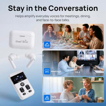OKB Hearing GV-SA0360 OTC In-Ear Hearing Aid, True-Wireless with Pocket Controller Ear-Extension for TV & Meetings, Dual-Mode Noise Reduction, Charging Case, Bluetooth 5.2, Adults 18+ (Polar White)