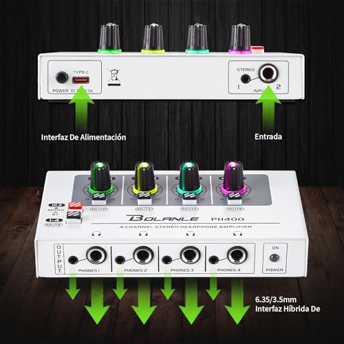 Bolanle PH400 4-Channel Headphone Amplifier 8-Output 3.5mm 6.35mm 250Ω | Drives up to 250Ω Headphones for Studio, Band, Home Recording - size: PH400