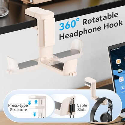 4 in 1 Desk Cup Holder with Storage Tray and Headphone Hanger | Clamp on design, rotating headphone hanger, detachable storage tray, cable holes, fits 5-50mm desks