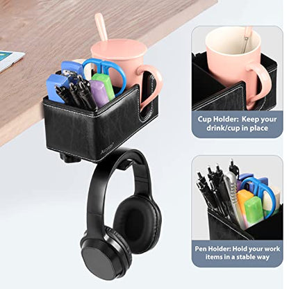 Under Desk Cup Holder Clamp on Cup Holder PU Leather Clip on Desk Organizer | Desk organizer with pencil holder clamp on side, under desk hanging organizer, clip on cup holder desk phone stand holder PU - color: Black