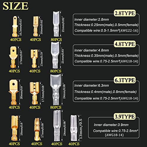 Twidec/640Pcs 2.8/4.8/6.3mm Quick Splice Male and Female Wire Spade Connector Crimp Terminal & Bullet Connectors Terminals Crimp Block Kit Golden with Insulating Sleeve Wiring Car Speaker N-001 - color: Gold 640PCS