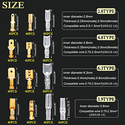 Twidec/640Pcs 2.8/4.8/6.3mm Quick Splice Male and Female Wire Spade Connector Crimp Terminal & Bullet Connectors Terminals Crimp Block Kit Golden with Insulating Sleeve Wiring Car Speaker N-001 - color: Gold 640PCS