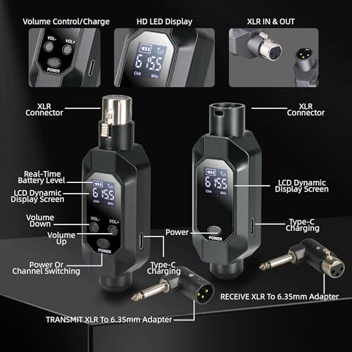 Wireless XLR Transmitter and Receiver, 500ft XLR Wireless Transmitter Receiver with 2x30 Channels, Dynamic Mic Wireless Adapter for PA Mixer, Church, Stage