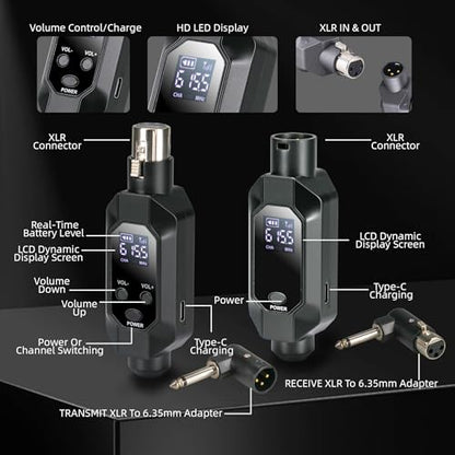 Wireless XLR Transmitter and Receiver, 500ft XLR Wireless Transmitter Receiver with 2x30 Channels, Dynamic Mic Wireless Adapter for PA Mixer, Church, Stage
