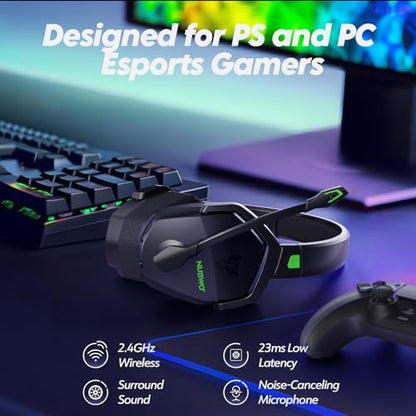 NUBWO G06 Dual Wireless Gaming Headset with Microphone for PS5, PS4, PC - 23ms Low Latency Audio - 100-Hour of Playtime - 50mm Drivers (Black-Green) - color: Black-Green