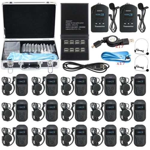 EXMAX EXD-101 2.4G Wireless Voice Transmission System Church Translation Equipment Translator Device for Tourism Museums - 2 Transmitters 15 Receivers & 16-Port Charge Station & Black Storage Case