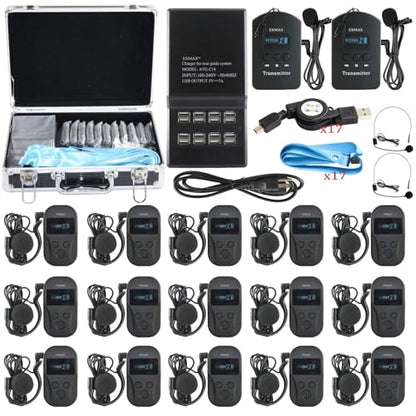 EXMAX EXD-101 2.4G Wireless Voice Transmission System Church Translation Equipment Translator Device for Tourism Museums - 2 Transmitters 15 Receivers & 16-Port Charge Station & Black Storage Case