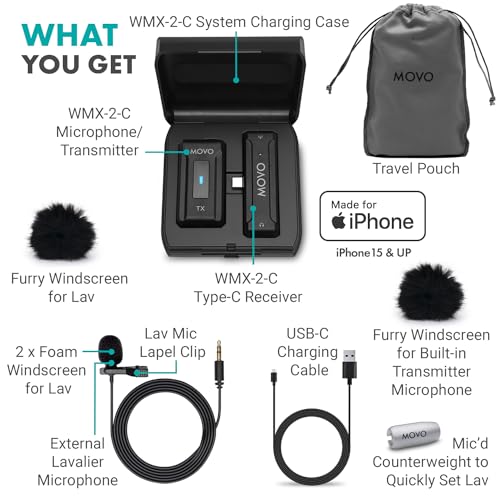 Movo WMX-2-C Wireless Microphone for iPhone 15/16 with Charging Case - 7HR Battery Wireless Lavalier Microphone for iPhone 15/16-328' Range USB C Lapel Mic - style: 1 Transmitter