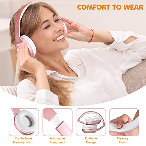 Rydohi Wireless Bluetooth Headphones Over Ear 68H Playtime HiFi Stereo Headset with Microphone and 3EQ Modes Foldable Bluetooth V5.3 Headphones for Travel Smartphone Computer Laptop - color: Rose