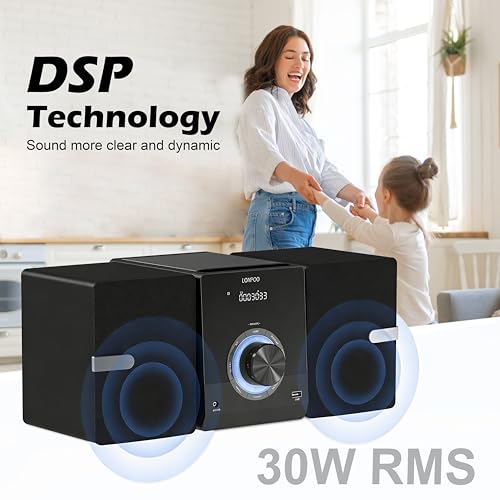 Compact Stereo System Speakers with CD Player, Bluetooth, FM Radio, Aux-in, USB-in, Earphone Jack, DSP-Tech, Remote, 30W Crisp-Sound Shelf Stereo System for Home (LP-886)