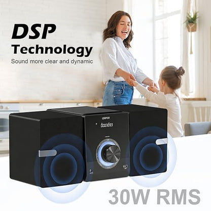 Compact Stereo System Speakers with CD Player, Bluetooth, FM Radio, Aux-in, USB-in, Earphone Jack, DSP-Tech, Remote, 30W Crisp-Sound Shelf Stereo System for Home (LP-886)
