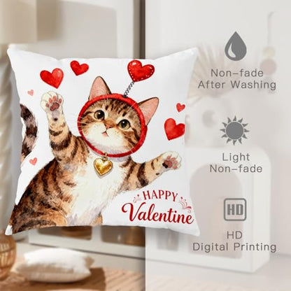 Cat Throw Pillow Covers Set of 2, Playful Fanciful Hearts Red Headband Valentine Red Soft Velvet Washable Cover Decorative Pillows for Living Room Apartment Bed Sofa Decor 28x28 Inch - size: 28" x 28" (Pack of 2)
