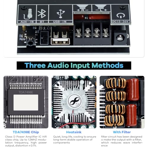 ZK-1602T Bluetooth Amplifier Board, 2.0 Channel 160W+160W Stereo Audio Amp with Treble & Bass Control, DC 15-36V Power Supply, Bluetooth 5.0 & AUX Inputs for Home DIY Speakers - style: ZK-1602T