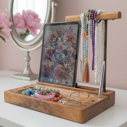Multi-Device Headphone Stand, Acacia Wood Tech Organizer with Storage Tray | Solid 1.5 in thick acacia wood organizer for headphone, phone, tablet & accessories, gaming & office desk setup, workspace - style: Headphone Cell iPad Holder