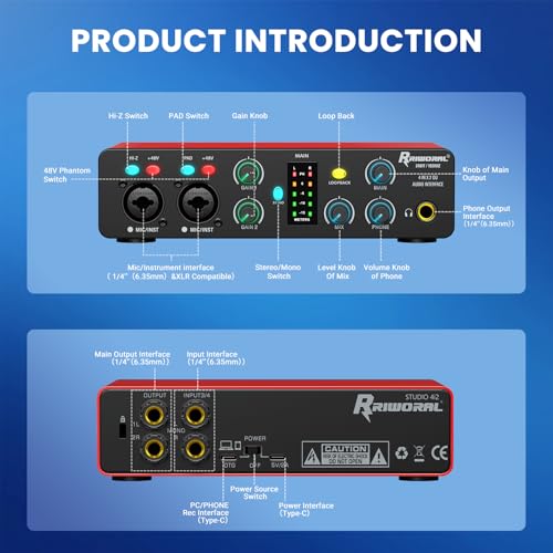 USB Audio Interface,4-In 2-Out Audio Interface with 48V Phantom Power 24-bit/192kHz, Dual TS/XLR Inputs Plug & Play for Recording, Podcasting, Streaming, Guitar, Vocalist