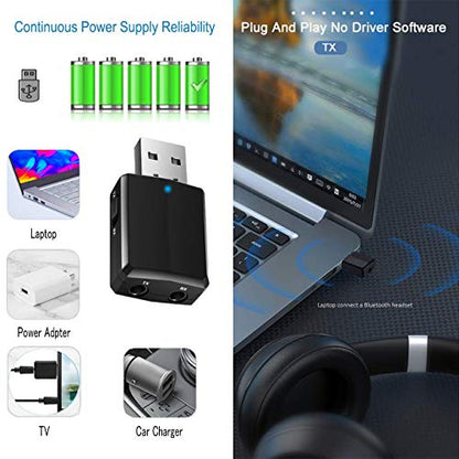 ISOBEL USB Bluetooth Audio Transmitter Receiver, 3 in 1 HiFi Wireless Audio Adapter, Bluetooth 5.0 EDR Adapter with 3.5mm AUX for Car TV Headphones PC Home Stereo, USB Power Supply, Plug and Play - size: Mini