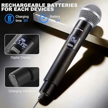 Wireless Microphones Systems for Karaoke Singing with 300 FT Reception | 2.4GHz, Rechargeable Professional Wireless Handheld Microphones with Receiver for Karaoke DJ Church Party Speaking Classroom