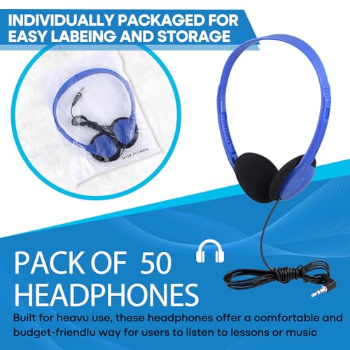 Classroom Headphones Bulk 50 Pack Class Set for School Students Kids and Adult -Sturdy Wired 3.5mm Plug (Blue, 50 Pack) - color: Blue, size: 50 Pack