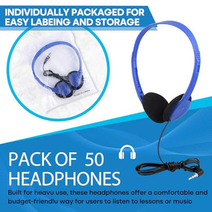 Classroom Headphones Bulk 50 Pack Class Set for School Students Kids and Adult -Sturdy Wired 3.5mm Plug (Blue, 50 Pack) - color: Blue, size: 50 Pack