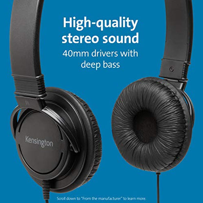 Kensington USB-A Hi-Fi Headphones, On-Ear Headset, 6ft Cord, for Kids, for Adults, for School, Padded Adjustable Headband (K97600WW), Black