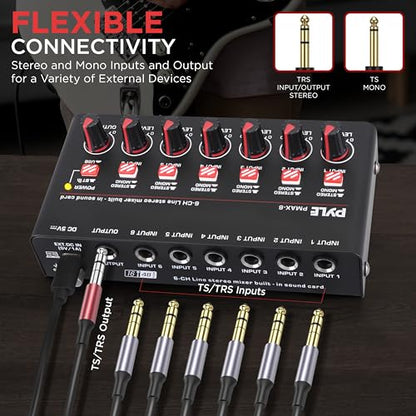 Pyle 6-Channel Bluetooth Mini Line Mixer with USB Audio Interface - 6 Mono/Stereo Switching Inputs | Ultra-low Noise Design with High Headroom | Built-in USB-C Sound Card - PMAX6 - size: 6 Channel